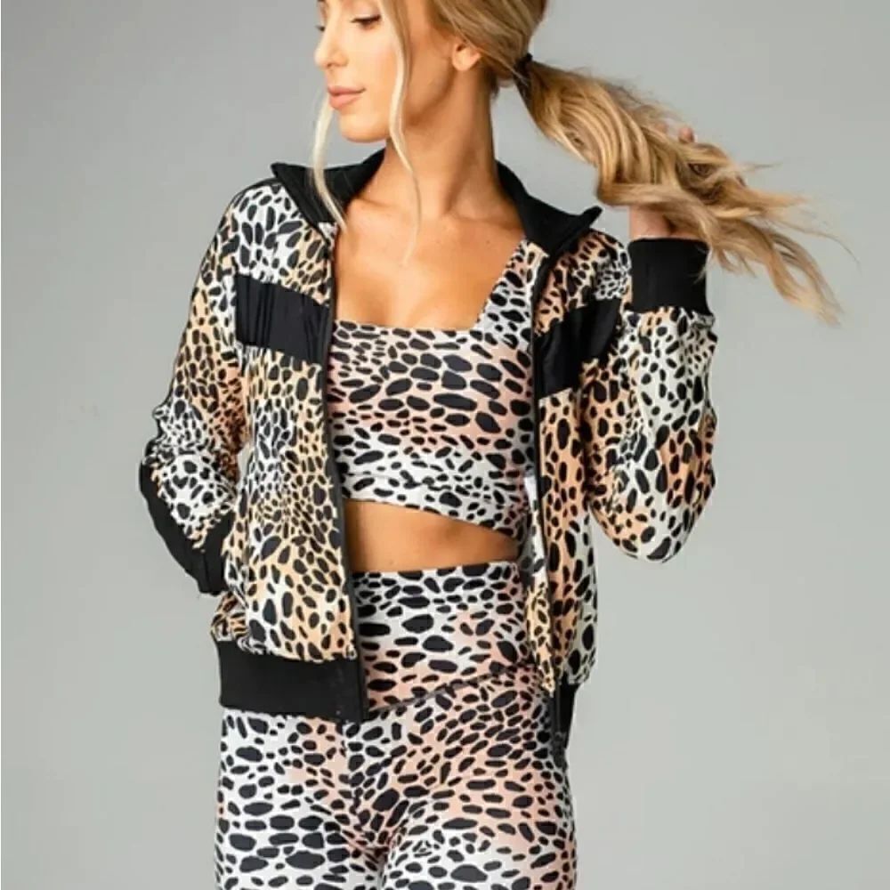 NWT Buddy Love VONN ELASTIC LONG SLEEVE ZIP UP Work Out Jacket CHEETAH Black S
